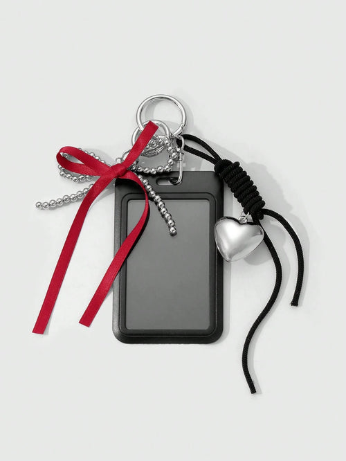 ROMWE Kawaii 1 Black Campus Card Cover, Gothic Silver Beaded Red Streamer Bow, Love Adjustable Hanging Rope, Work Card Cover, Keychain, Bag Pendant, Holiday Gifts For Office Workers And Students