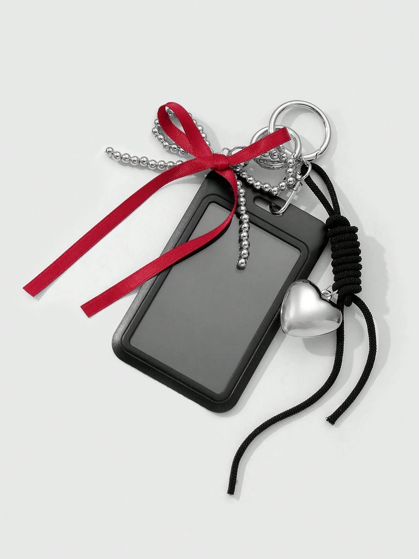 ROMWE Kawaii 1 Black Campus Card Cover, Gothic Silver Beaded Red Streamer Bow, Love Adjustable Hanging Rope, Work Card Cover, Keychain, Bag Pendant, Holiday Gifts For Office Workers And Students
