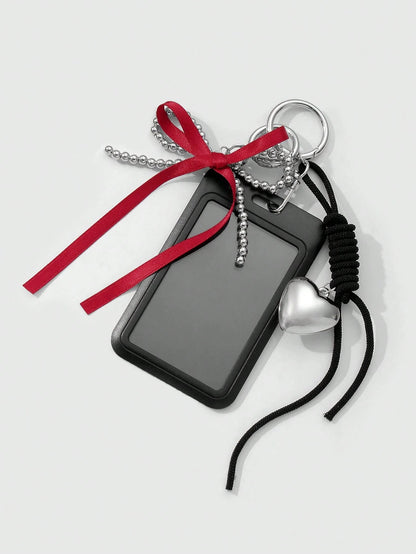 ROMWE Kawaii 1 Black Campus Card Cover, Gothic Silver Beaded Red Streamer Bow, Love Adjustable Hanging Rope, Work Card Cover, Keychain, Bag Pendant, Holiday Gifts For Office Workers And Students