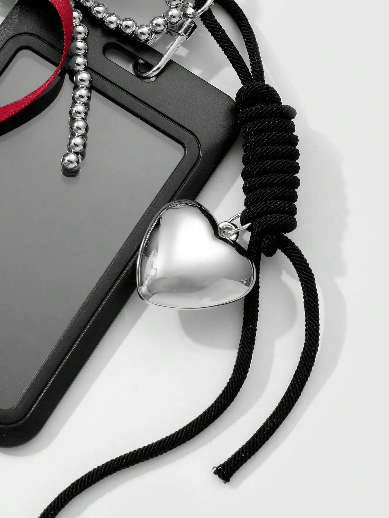 ROMWE Kawaii 1 Black Campus Card Cover, Gothic Silver Beaded Red Streamer Bow, Love Adjustable Hanging Rope, Work Card Cover, Keychain, Bag Pendant, Holiday Gifts For Office Workers And Students