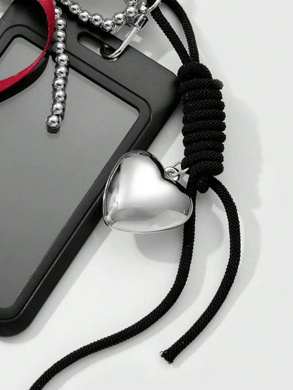 ROMWE Kawaii 1 Black Campus Card Cover, Gothic Silver Beaded Red Streamer Bow, Love Adjustable Hanging Rope, Work Card Cover, Keychain, Bag Pendant, Holiday Gifts For Office Workers And Students