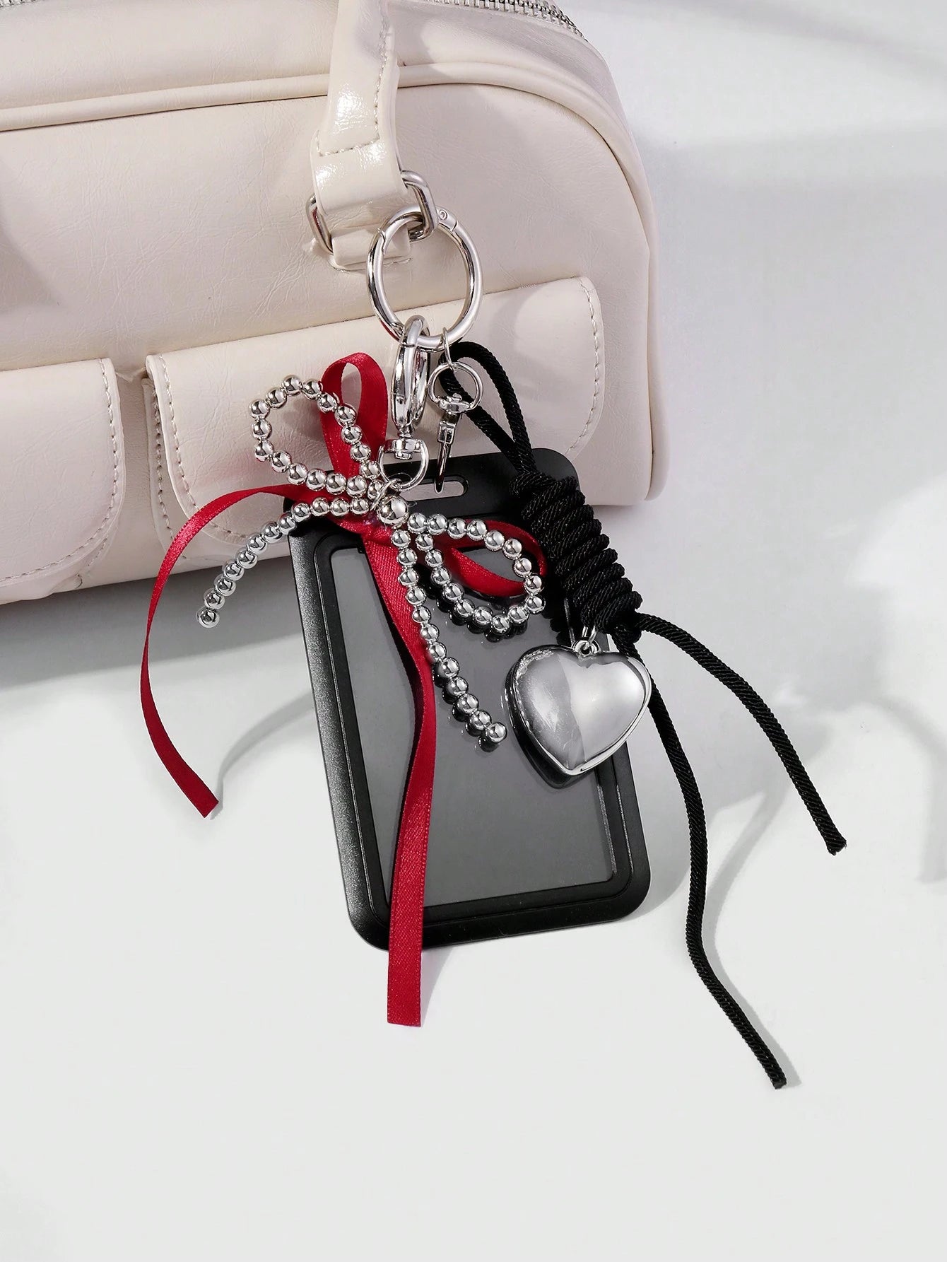 ROMWE Kawaii 1 Black Campus Card Cover, Gothic Silver Beaded Red Streamer Bow, Love Adjustable Hanging Rope, Work Card Cover, Keychain, Bag Pendant, Holiday Gifts For Office Workers And Students