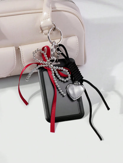 ROMWE Kawaii 1 Black Campus Card Cover, Gothic Silver Beaded Red Streamer Bow, Love Adjustable Hanging Rope, Work Card Cover, Keychain, Bag Pendant, Holiday Gifts For Office Workers And Students