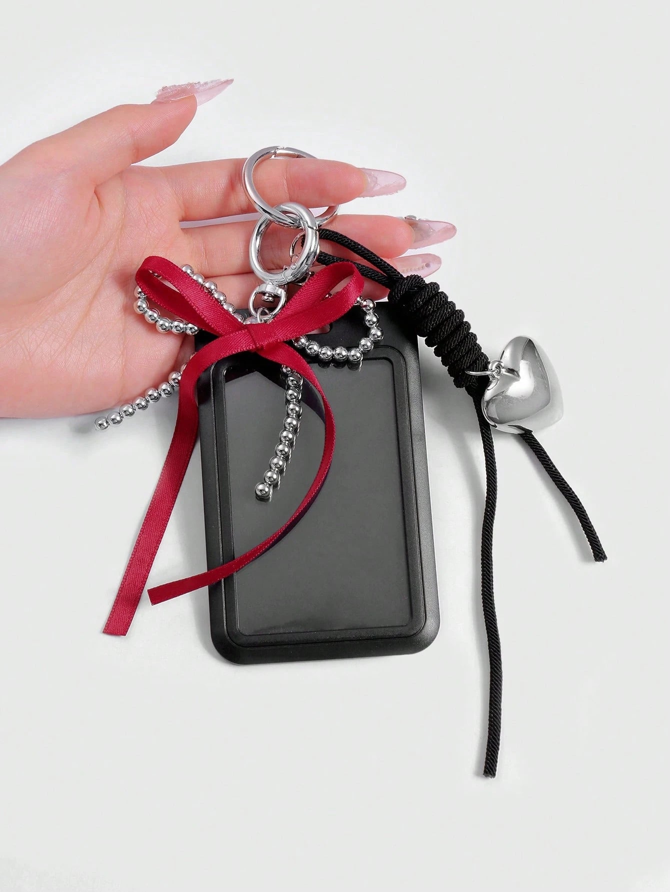 ROMWE Kawaii 1 Black Campus Card Cover, Gothic Silver Beaded Red Streamer Bow, Love Adjustable Hanging Rope, Work Card Cover, Keychain, Bag Pendant, Holiday Gifts For Office Workers And Students