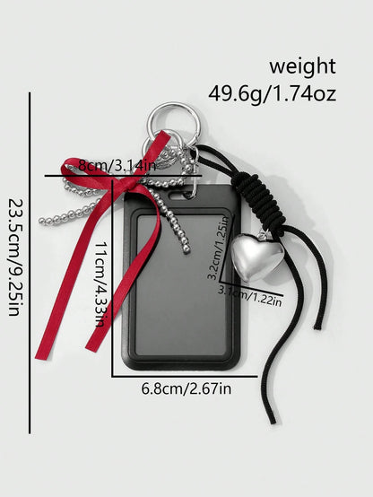 ROMWE Kawaii 1 Black Campus Card Cover, Gothic Silver Beaded Red Streamer Bow, Love Adjustable Hanging Rope, Work Card Cover, Keychain, Bag Pendant, Holiday Gifts For Office Workers And Students