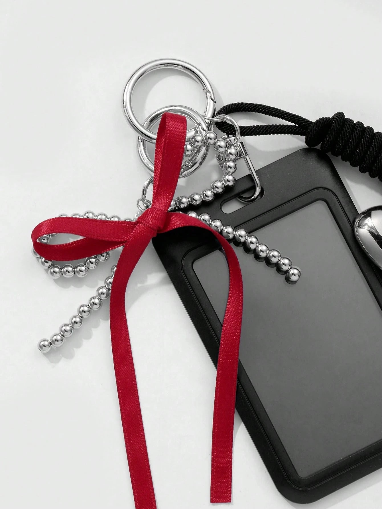 ROMWE Kawaii 1 Black Campus Card Cover, Gothic Silver Beaded Red Streamer Bow, Love Adjustable Hanging Rope, Work Card Cover, Keychain, Bag Pendant, Holiday Gifts For Office Workers And Students