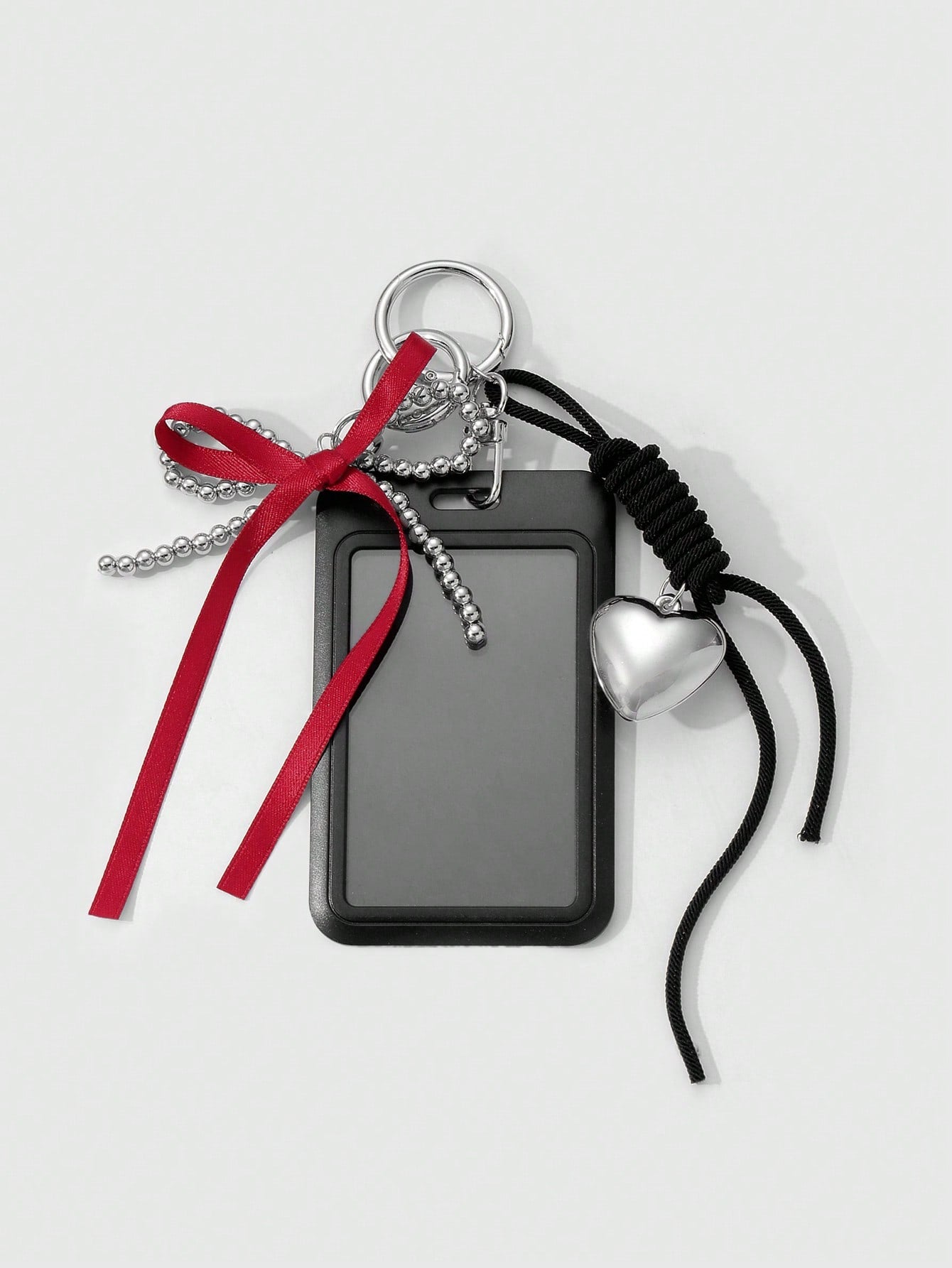 ROMWE Kawaii 1 Black Campus Card Cover, Gothic Silver Beaded Red Streamer Bow, Love Adjustable Hanging Rope, Work Card Cover, Keychain, Bag Pendant, Holiday Gifts For Office Workers And Students