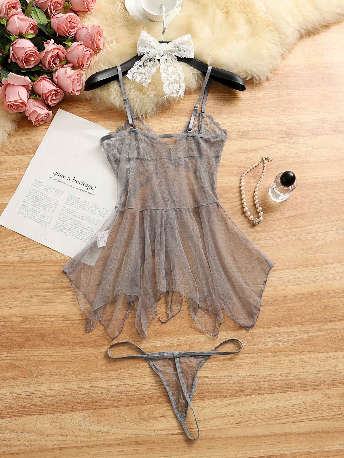 ROMWE Kawaii 2pcs Sexy Sheer Mesh Camisole Nightgown Lingerie Set For Women