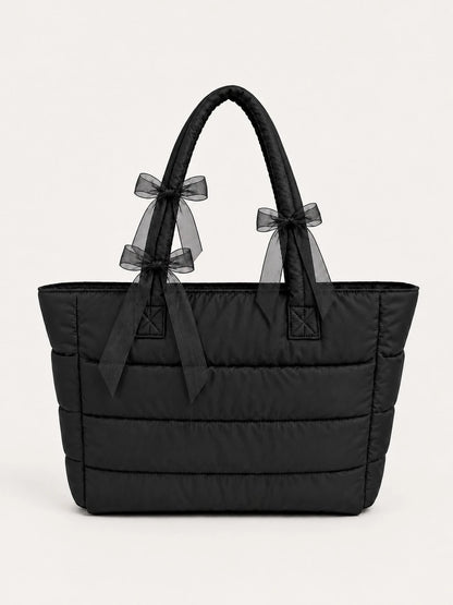 ROMWE Kawaii Black Seam Belt Bow Tote Bag Handbag Shoulder Bag Computer Bag Strap Multi-Functional Storage Can Be Attached To The Suitcase