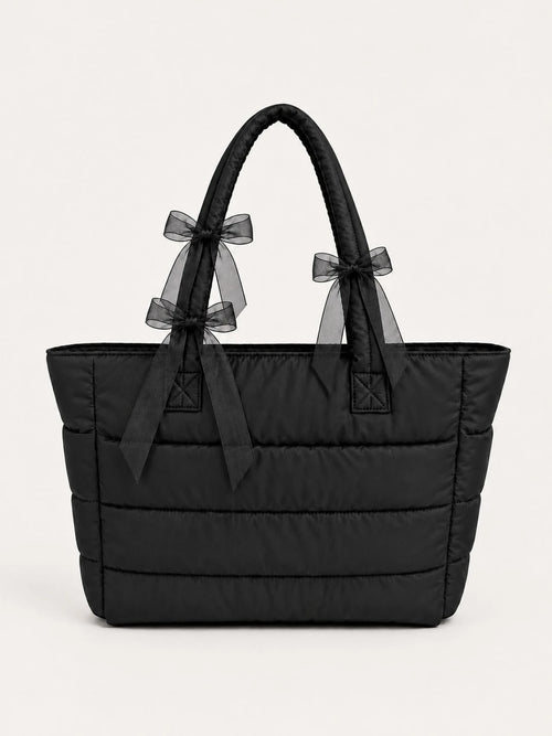 ROMWE Kawaii Black Seam Belt Bow Tote Bag Handbag Shoulder Bag Computer Bag Strap Multi-Functional Storage Can Be Attached To The Suitcase