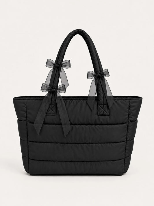 ROMWE Kawaii Black Seam Belt Bow Tote Bag Handbag Shoulder Bag Computer Bag Strap Multi-Functional Storage Can Be Attached To The Suitcase