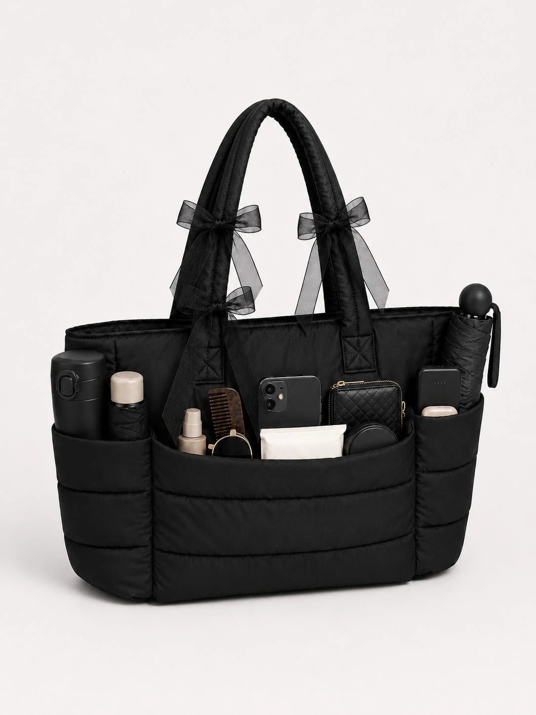 ROMWE Kawaii Black Seam Belt Bow Tote Bag Handbag Shoulder Bag Computer Bag Strap Multi-Functional Storage Can Be Attached To The Suitcase