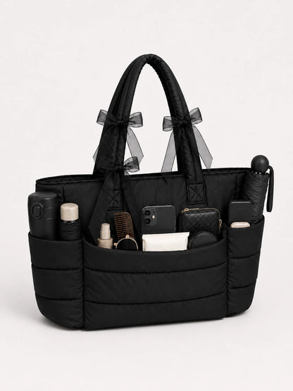ROMWE Kawaii Black Seam Belt Bow Tote Bag Handbag Shoulder Bag Computer Bag Strap Multi-Functional Storage Can Be Attached To The Suitcase