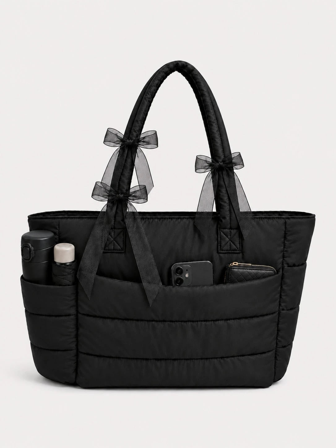 ROMWE Kawaii Black Seam Belt Bow Tote Bag Handbag Shoulder Bag Computer Bag Strap Multi-Functional Storage Can Be Attached To The Suitcase