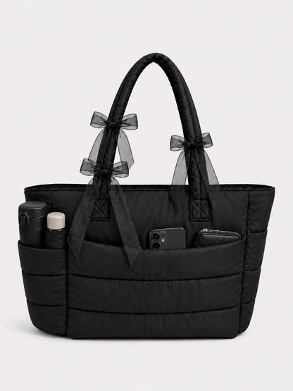 ROMWE Kawaii Black Seam Belt Bow Tote Bag Handbag Shoulder Bag Computer Bag Strap Multi-Functional Storage Can Be Attached To The Suitcase
