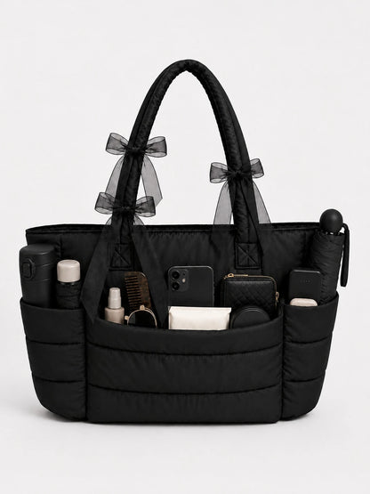 ROMWE Kawaii Black Seam Belt Bow Tote Bag Handbag Shoulder Bag Computer Bag Strap Multi-Functional Storage Can Be Attached To The Suitcase