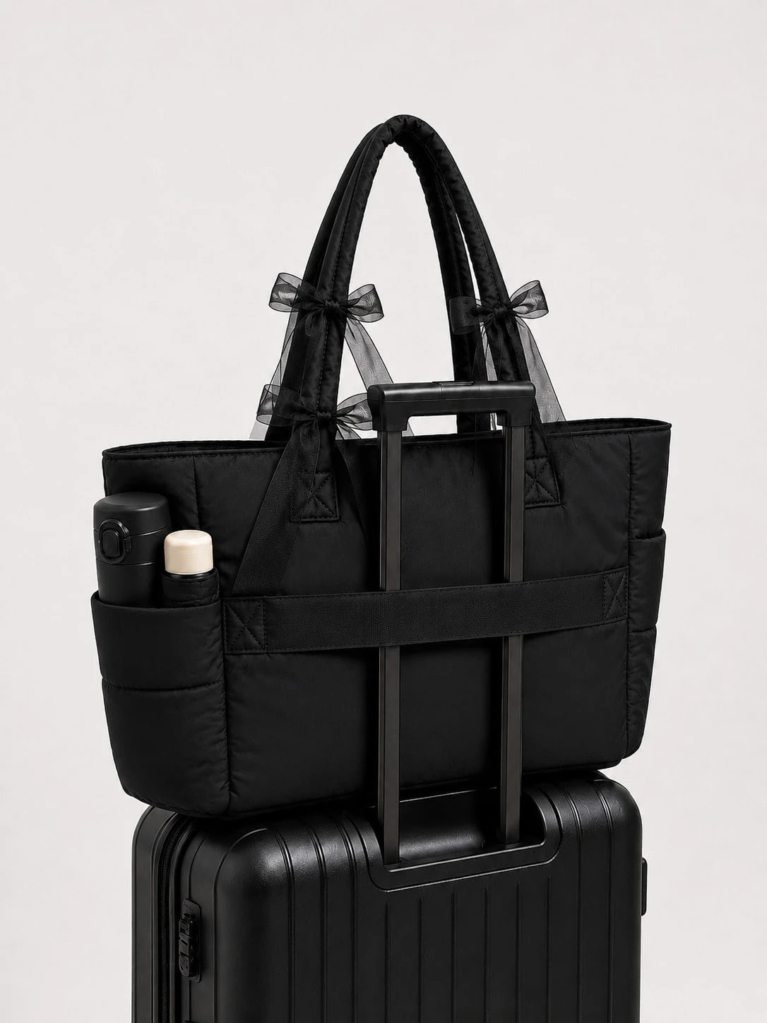 ROMWE Kawaii Black Seam Belt Bow Tote Bag Handbag Shoulder Bag Computer Bag Strap Multi-Functional Storage Can Be Attached To The Suitcase