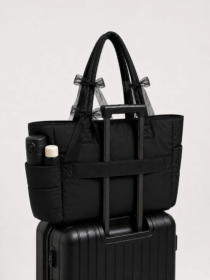 ROMWE Kawaii Black Seam Belt Bow Tote Bag Handbag Shoulder Bag Computer Bag Strap Multi-Functional Storage Can Be Attached To The Suitcase