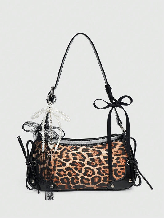 ROMWE Kawaii Ladies Vintage Lattice Butterfly Decorative Chain Faux Pearl Lace Decorative Shoulder/Underarm Baguette Bag Cheetah Pattern Ladies Wallet