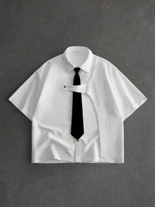 ROMWE MEN Men's Short Sleeve Deconstructed Design Casual Shirt