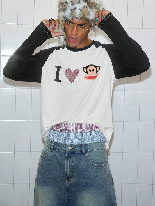 ROMWE MEN Paul Frank X ROMWE Spring/Summer Casual Graphic Men Kpop Rhinestone Detail Letter Cartoon Pattern Contrast Raglan Long Sleeve T-Shirt, Fall, 2000S Style