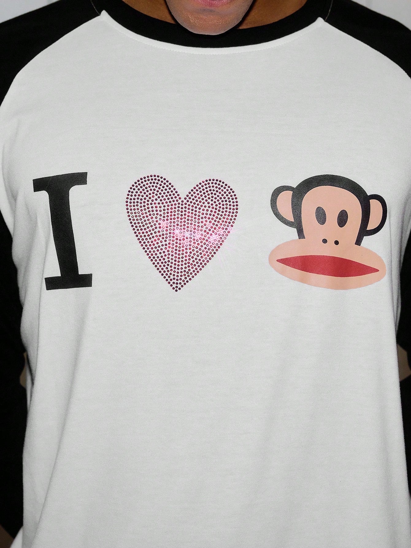 ROMWE MEN Paul Frank X ROMWE Spring/Summer Casual Graphic Men Kpop Rhinestone Detail Letter Cartoon Pattern Contrast Raglan Long Sleeve T-Shirt, Fall, 2000S Style