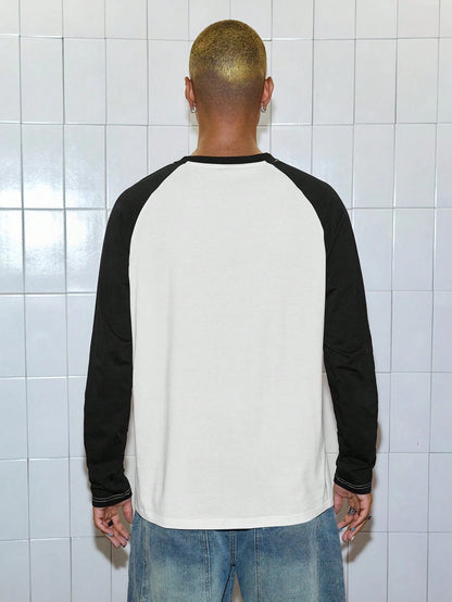 ROMWE MEN Paul Frank X ROMWE Spring/Summer Casual Graphic Men Kpop Rhinestone Detail Letter Cartoon Pattern Contrast Raglan Long Sleeve T-Shirt, Fall, 2000S Style