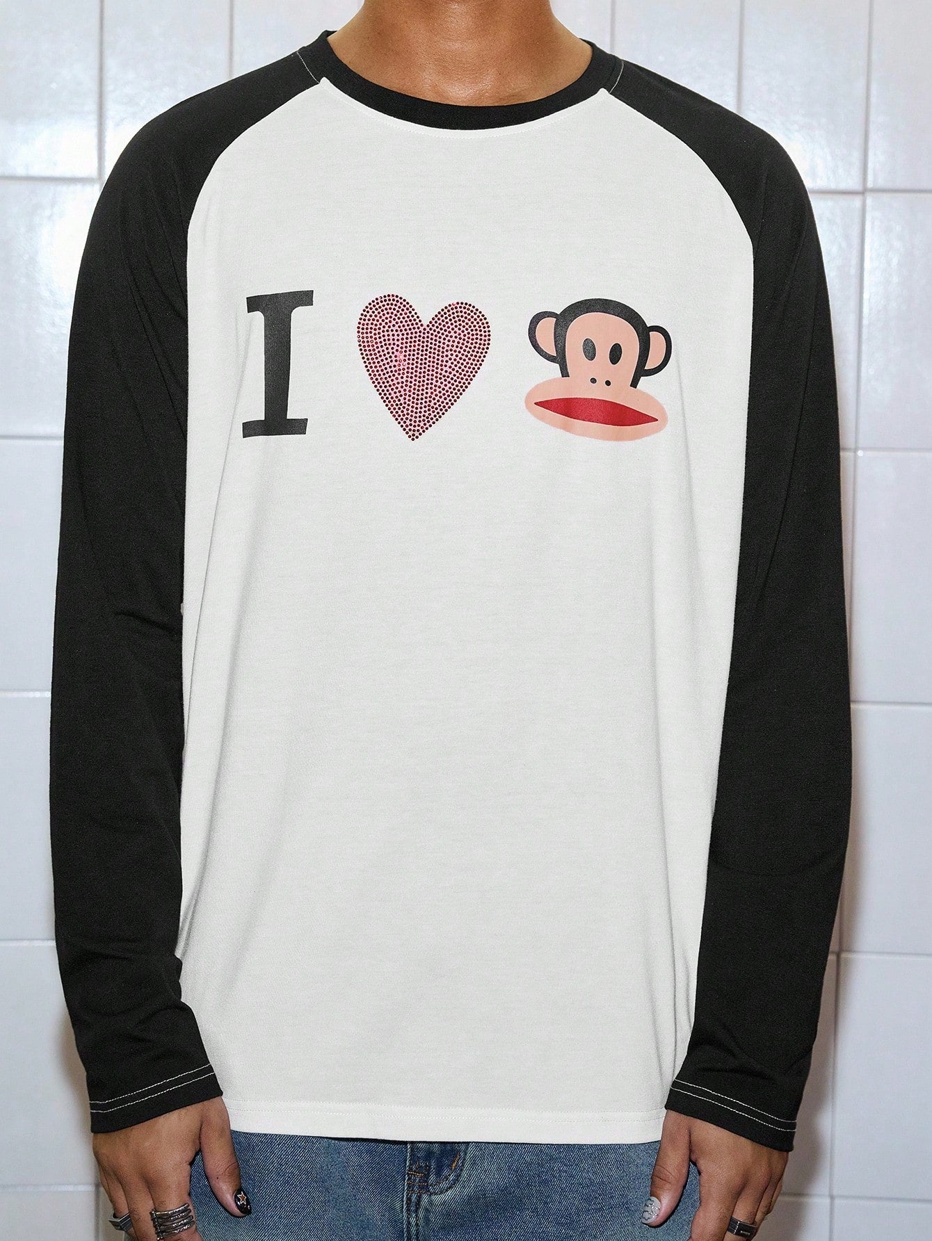 ROMWE MEN Paul Frank X ROMWE Spring/Summer Casual Graphic Men Kpop Rhinestone Detail Letter Cartoon Pattern Contrast Raglan Long Sleeve T-Shirt, Fall, 2000S Style