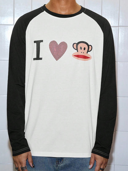 ROMWE MEN Paul Frank X ROMWE Spring/Summer Casual Graphic Men Kpop Rhinestone Detail Letter Cartoon Pattern Contrast Raglan Long Sleeve T-Shirt, Fall, 2000S Style