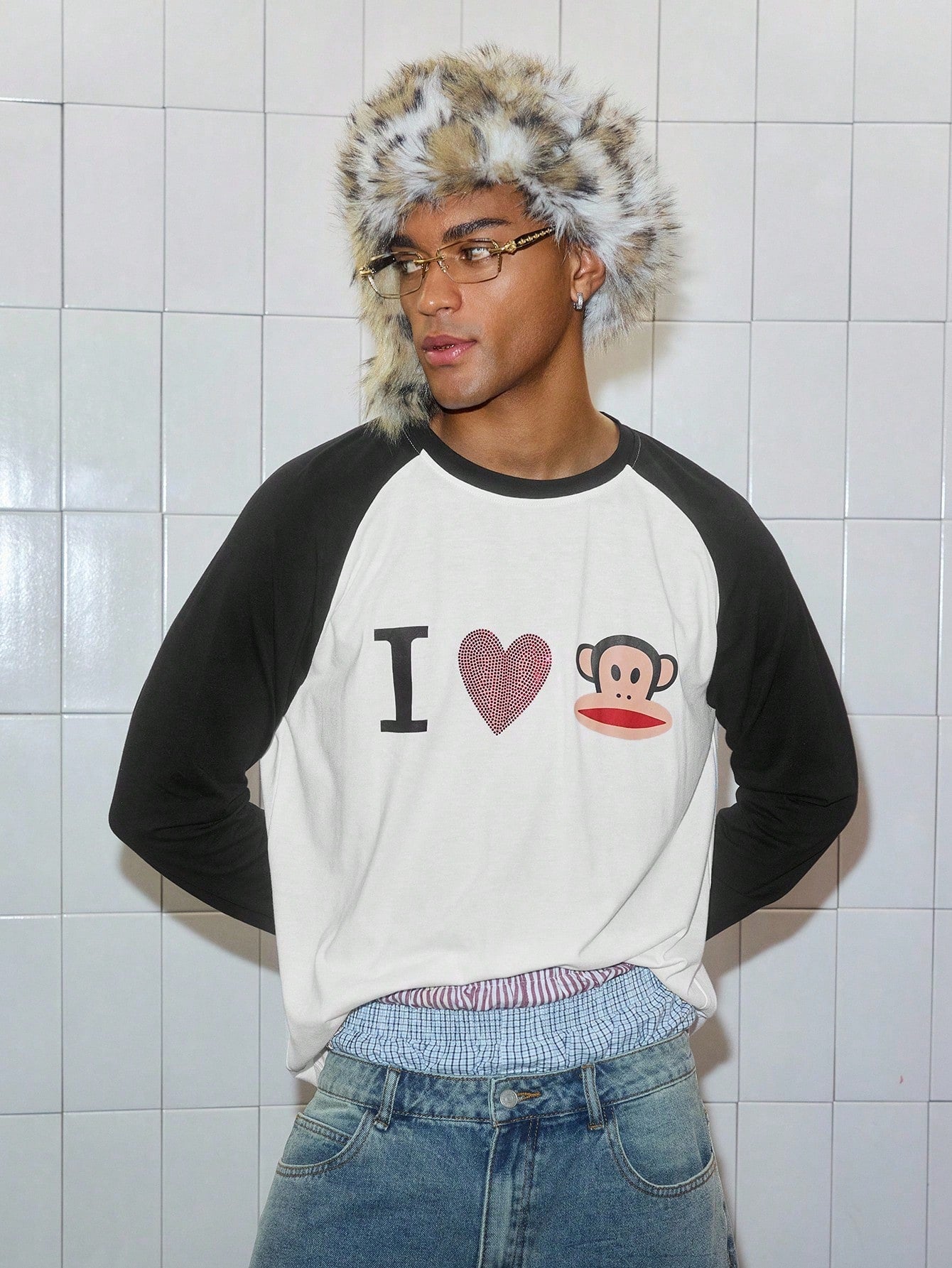 ROMWE MEN Paul Frank X ROMWE Spring/Summer Casual Graphic Men Kpop Rhinestone Detail Letter Cartoon Pattern Contrast Raglan Long Sleeve T-Shirt, Fall, 2000S Style