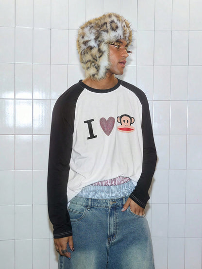 ROMWE MEN Paul Frank X ROMWE Spring/Summer Casual Graphic Men Kpop Rhinestone Detail Letter Cartoon Pattern Contrast Raglan Long Sleeve T-Shirt, Fall, 2000S Style