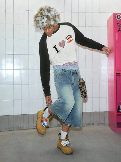 ROMWE MEN Paul Frank X ROMWE Spring/Summer Casual Graphic Men Kpop Rhinestone Detail Letter Cartoon Pattern Contrast Raglan Long Sleeve T-Shirt, Fall, 2000S Style