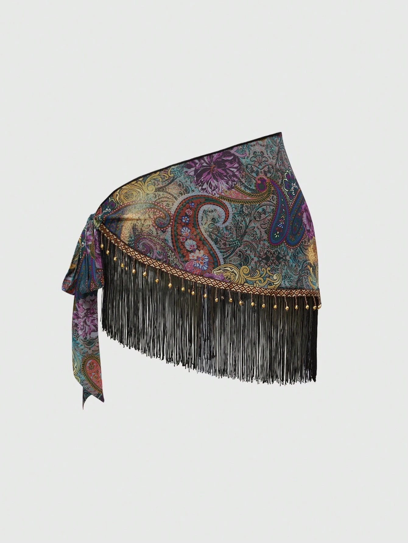 ROMWE Women's Retro Hippie Western Cowgirl Music Festival See-Through Wooden Bead Decor Fringe Hem Paisley Print Tie Front Cover Up Skirt