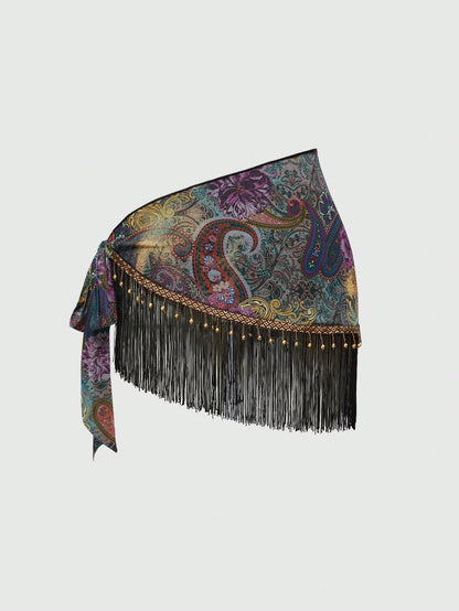 ROMWE Women's Retro Hippie Western Cowgirl Music Festival See-Through Wooden Bead Decor Fringe Hem Paisley Print Tie Front Cover Up Skirt