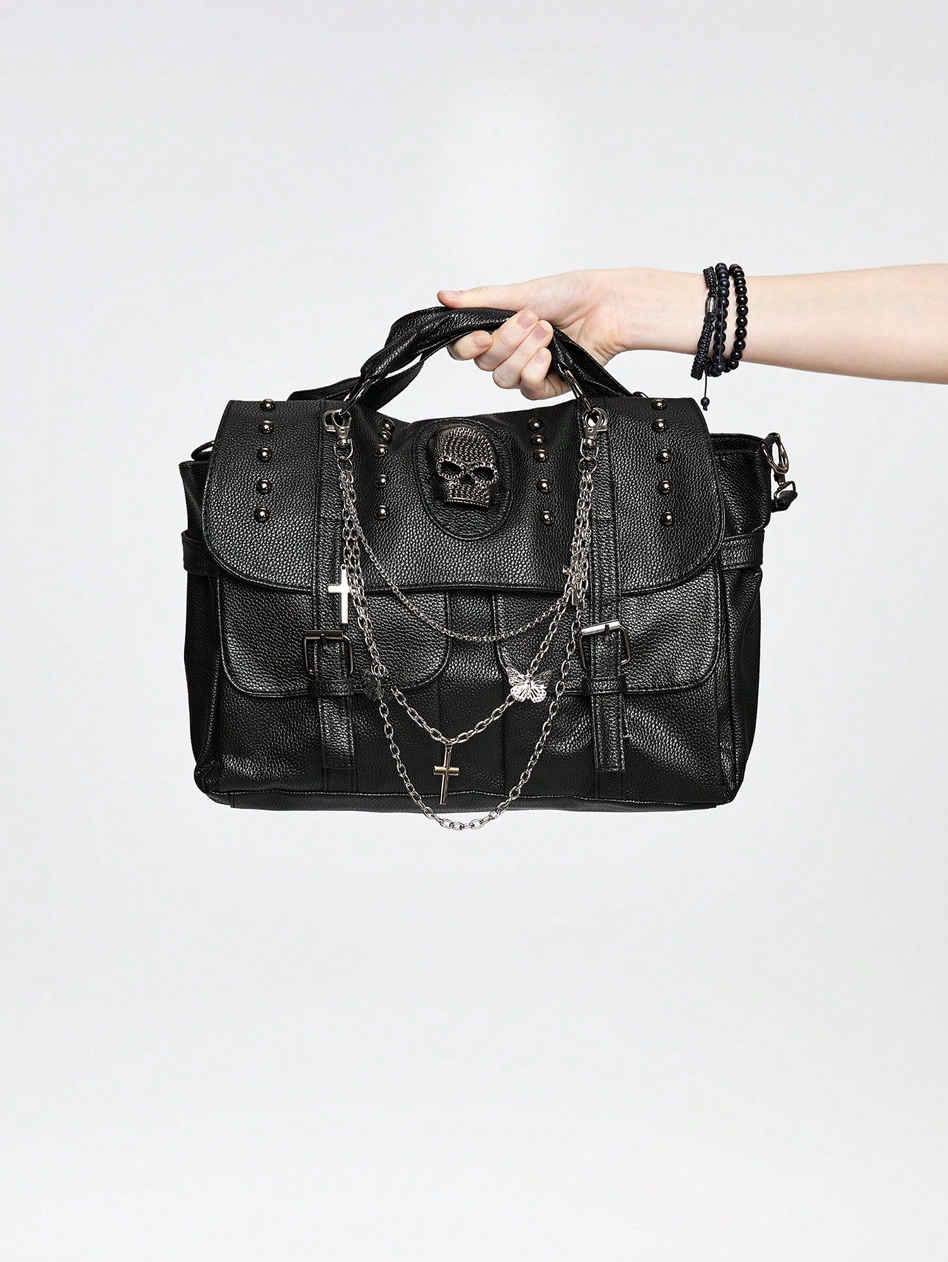 ROMWE Y2K Gothic Handbag Punk Shoulder Bag With Skull Decor, Crossbody Bag For Halloween