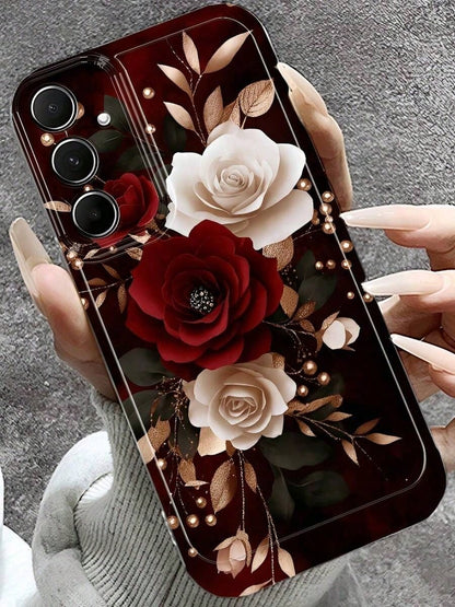 Rose Pattern Phone Case, Red, White, And Gold Color Scheme, Elegant Floral Design. Suitable For Galaxy A13, A14, A15, A16, A21S, A22, A23, A24, A25, A32, A34, A35, A50, A52, A53, A54, A55, A56, A71, A