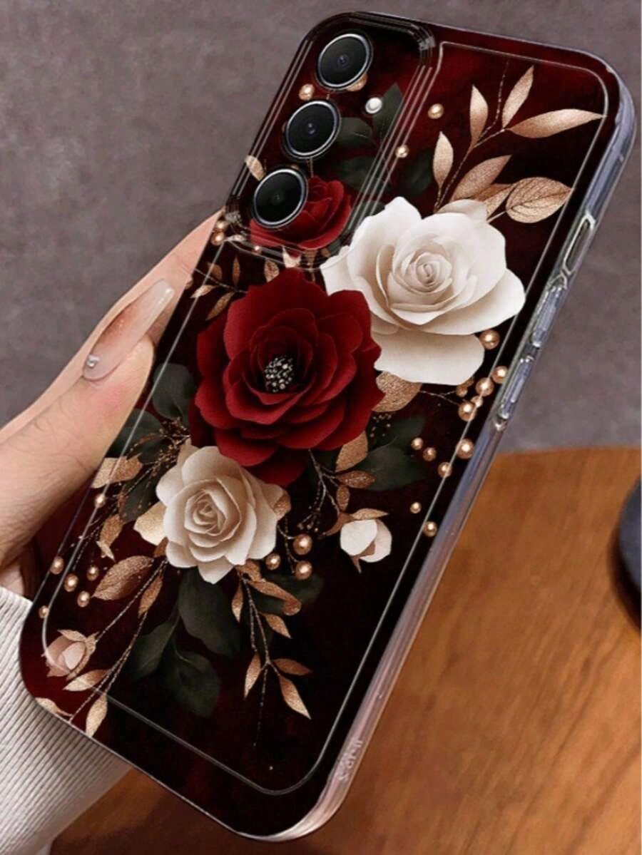 Rose Pattern Phone Case, Red, White, And Gold Color Scheme, Elegant Floral Design. Suitable For Galaxy A13, A14, A15, A16, A21S, A22, A23, A24, A25, A32, A34, A35, A50, A52, A53, A54, A55, A56, A71, A