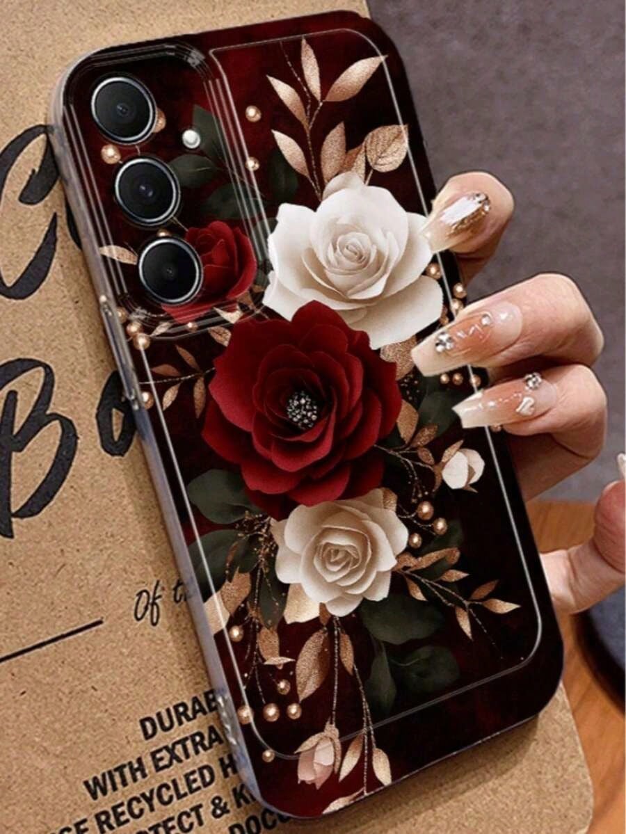 Rose Pattern Phone Case, Red, White, And Gold Color Scheme, Elegant Floral Design. Suitable For Galaxy A13, A14, A15, A16, A21S, A22, A23, A24, A25, A32, A34, A35, A50, A52, A53, A54, A55, A56, A71, A