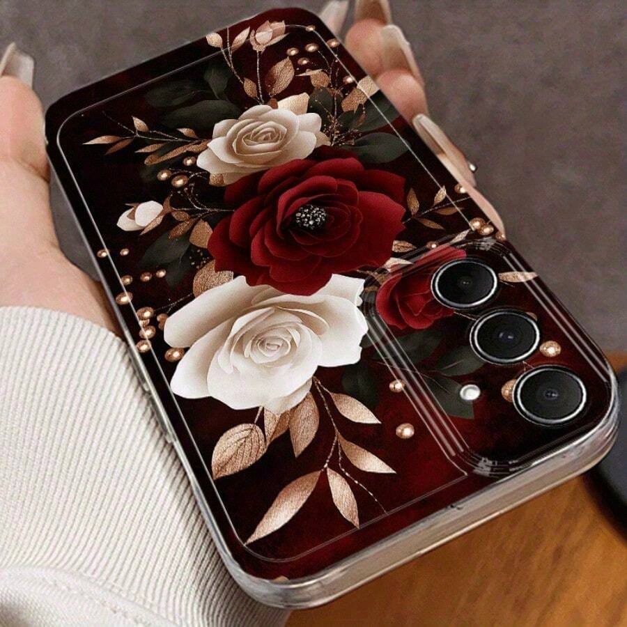 Rose Pattern Phone Case, Red, White, And Gold Color Scheme, Elegant Floral Design. Suitable For Galaxy A13, A14, A15, A16, A21S, A22, A23, A24, A25, A32, A34, A35, A50, A52, A53, A54, A55, A56, A71, A