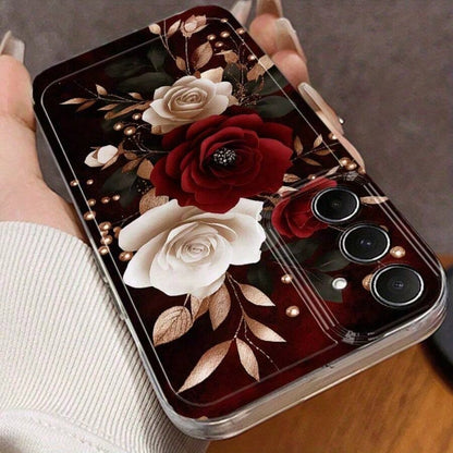 Rose Pattern Phone Case, Red, White, And Gold Color Scheme, Elegant Floral Design. Suitable For Galaxy A13, A14, A15, A16, A21S, A22, A23, A24, A25, A32, A34, A35, A50, A52, A53, A54, A55, A56, A71, A
