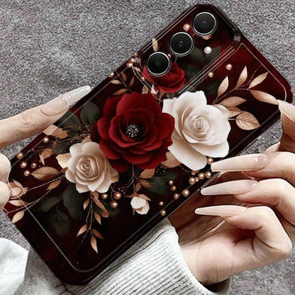 Rose Pattern Phone Case, Red, White, And Gold Color Scheme, Elegant Floral Design. Suitable For Galaxy A13, A14, A15, A16, A21S, A22, A23, A24, A25, A32, A34, A35, A50, A52, A53, A54, A55, A56, A71, A