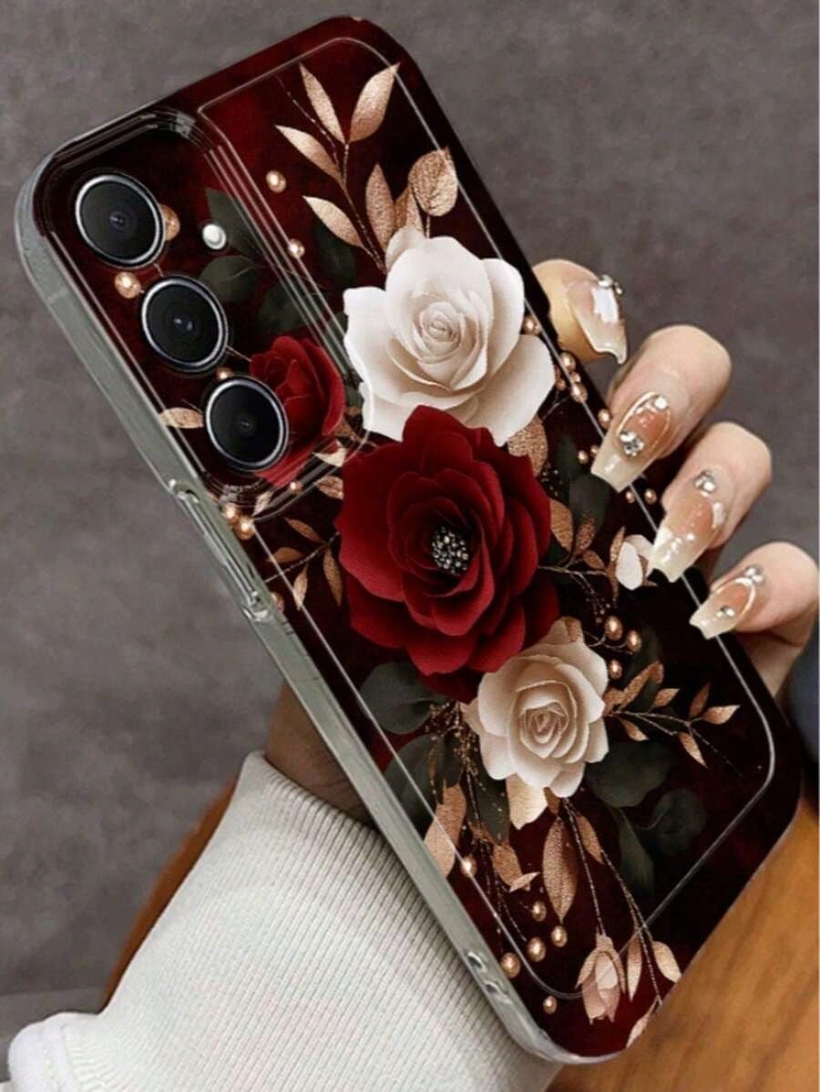 Rose Pattern Phone Case, Red, White, And Gold Color Scheme, Elegant Floral Design. Suitable For Galaxy A13, A14, A15, A16, A21S, A22, A23, A24, A25, A32, A34, A35, A50, A52, A53, A54, A55, A56, A71, A