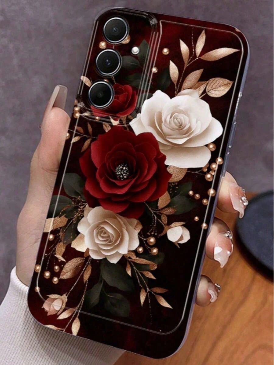 Rose Pattern Phone Case, Red, White, And Gold Color Scheme, Elegant Floral Design. Suitable For Galaxy A13, A14, A15, A16, A21S, A22, A23, A24, A25, A32, A34, A35, A50, A52, A53, A54, A55, A56, A71, A