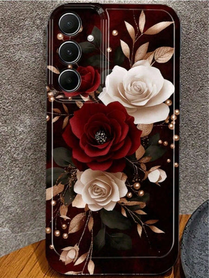 Rose Pattern Phone Case, Red, White, And Gold Color Scheme, Elegant Floral Design. Suitable For Galaxy A13, A14, A15, A16, A21S, A22, A23, A24, A25, A32, A34, A35, A50, A52, A53, A54, A55, A56, A71, A