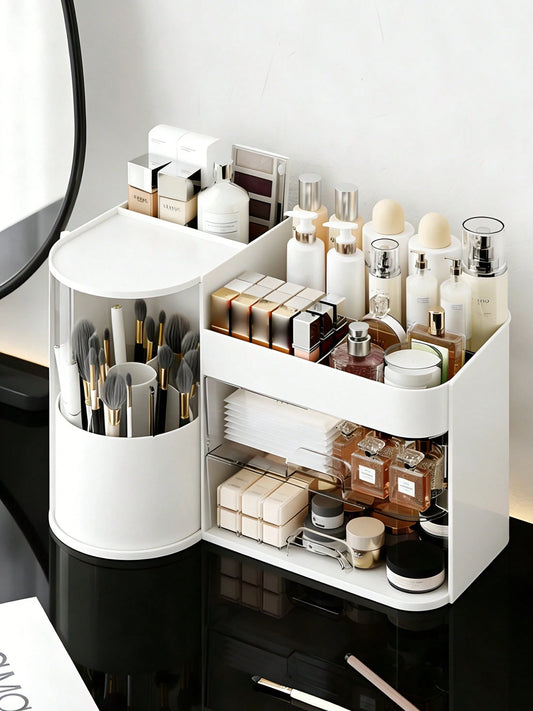 Rotating Makeup Organizer, 2 Tier Face Mask Skincare Organizers And Storage For Bathroom Countertop, Counter Cosmetic Holder For Dresser, Multi-Grid Storage With Brush Holder, Large Capacity Storage