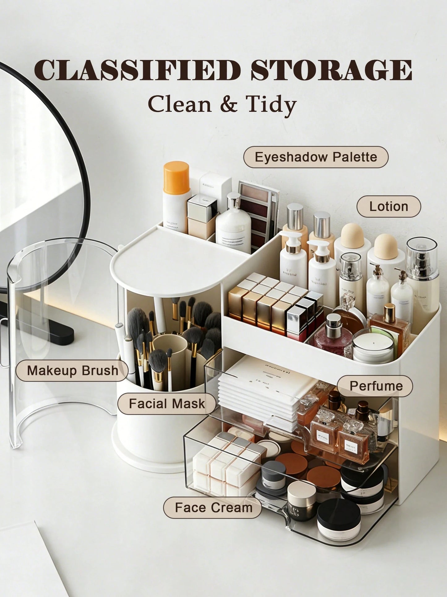 Rotating Makeup Organizer, 2 Tier Face Mask Skincare Organizers And Storage For Bathroom Countertop, Counter Cosmetic Holder For Dresser, Multi-Grid Storage With Brush Holder, Large Capacity Storage