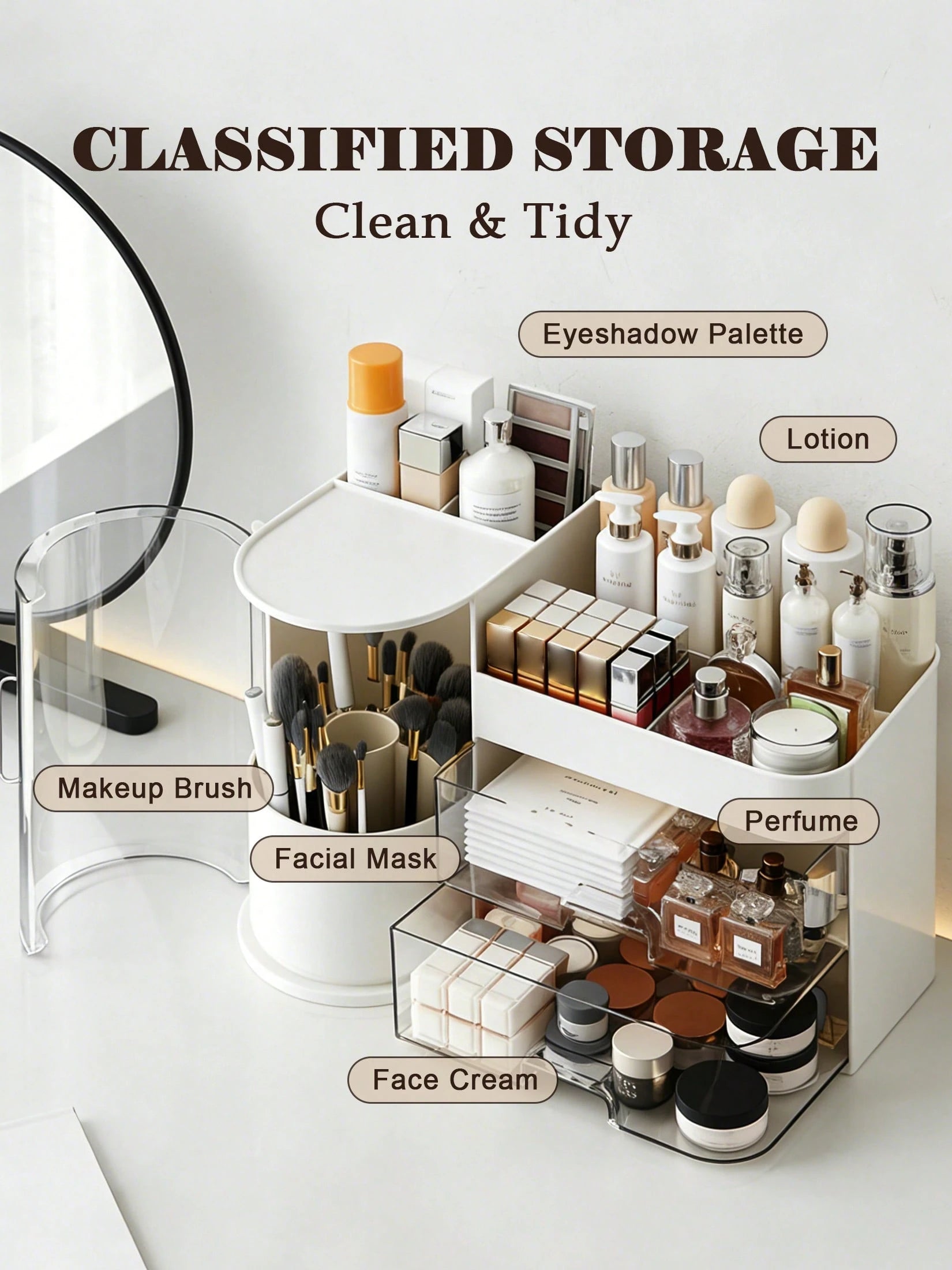 Rotating Makeup Organizer, 2 Tier Face Mask Skincare Organizers And Storage For Bathroom Countertop, Counter Cosmetic Holder For Dresser, Multi-Grid Storage With Brush Holder, Large Capacity Storage