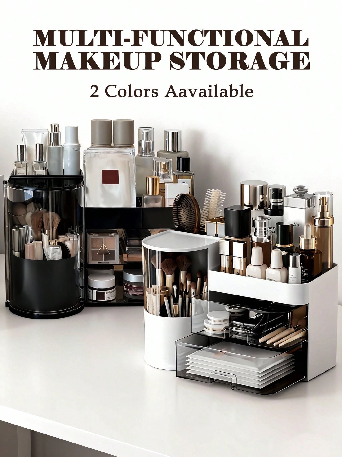 Rotating Makeup Organizer, 2 Tier Face Mask Skincare Organizers And Storage For Bathroom Countertop, Counter Cosmetic Holder For Dresser, Multi-Grid Storage With Brush Holder, Large Capacity Storage