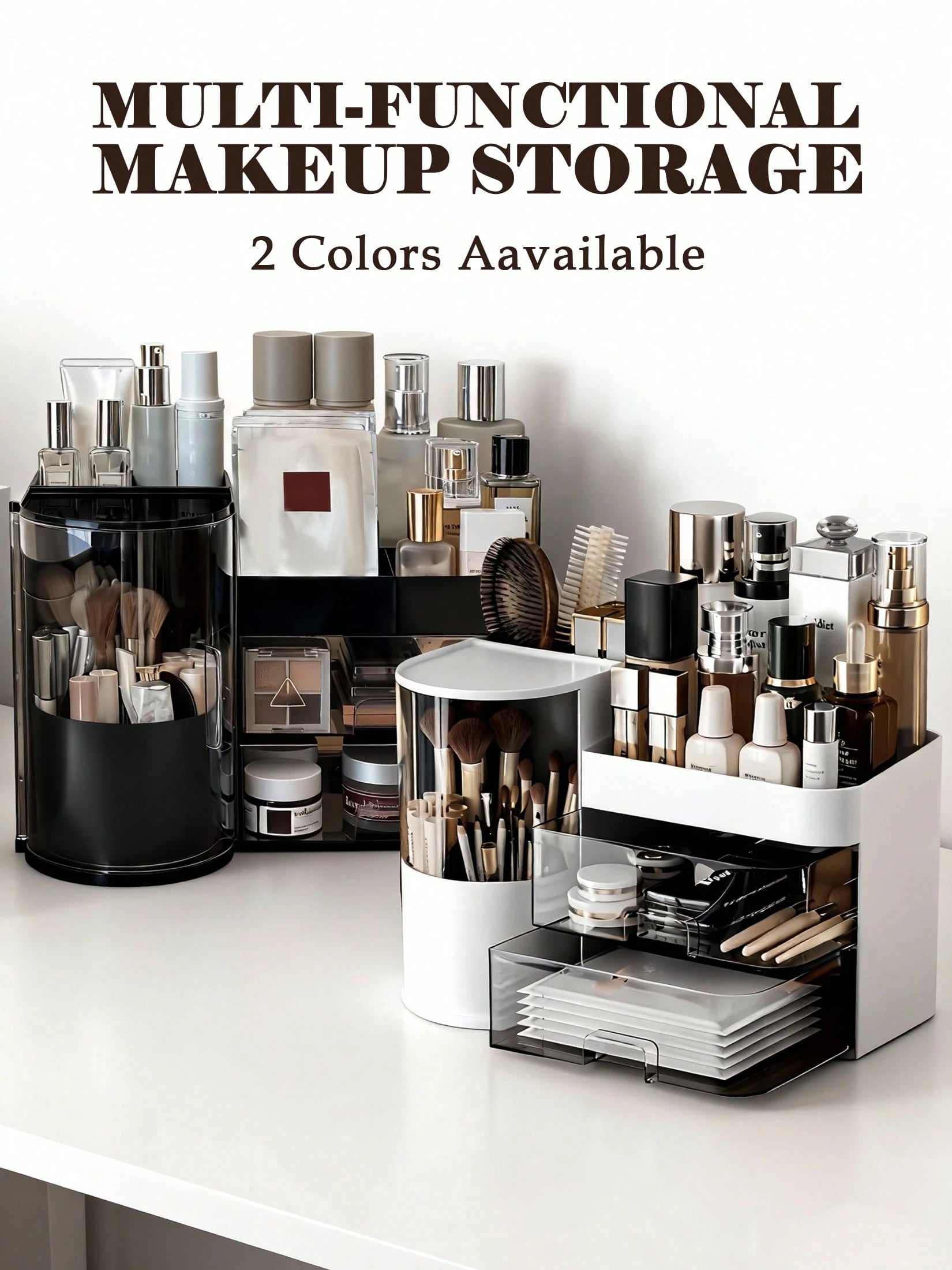 Rotating Makeup Organizer, 2 Tier Face Mask Skincare Organizers And Storage For Bathroom Countertop, Counter Cosmetic Holder For Dresser, Multi-Grid Storage With Brush Holder, Large Capacity Storage