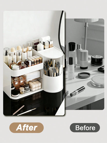 Rotating Makeup Organizer, 2 Tier Face Mask Skincare Organizers And Storage For Bathroom Countertop, Counter Cosmetic Holder For Dresser, Multi-Grid Storage With Brush Holder, Large Capacity Storage